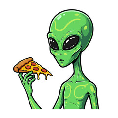 Green Alien Holding Pizza Slice Vector Art Illustration