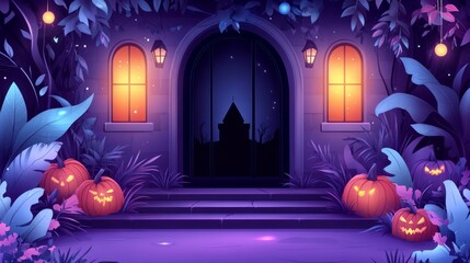 Halloween spooky castle entrance with glowing carved pumpkins and mysterious dark garden at night. Haunted mansion gate concept. Samhain