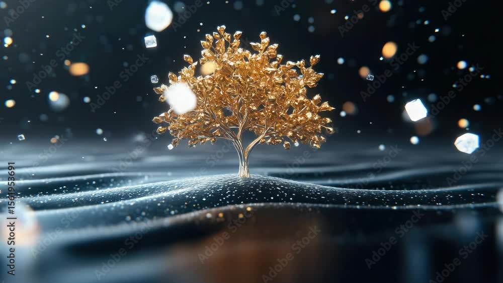 Aufkleber a unique golden tree stands majestically, surrounded by sparkling elements that create a magical atm