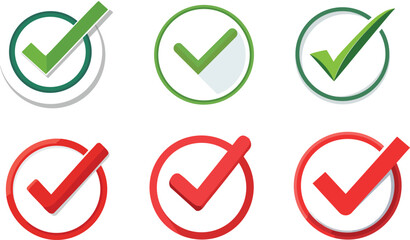 Vector Set of Six Circular Checkmark Icons in Green and Red Displayed in a Two-by-Three Grid with Flat, Glossy, and Gradient Styles for UI Design and Affirmative Messaging


