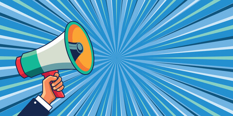 Hand holding megaphone with pop art comic background