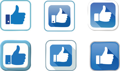 thumb up icon set, Vector Set of Stylized Thumbs Up Icons in Blue and White Colors Arranged in a Two-by-Three Grid with Glossy 3D Buttons and Shadow Effects for Positive UI Design Concepts

