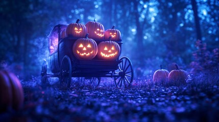 Jack o lantern pumpkins glowing on a carriage. Spooky Halloween concept image for holiday celebration design. Samhain