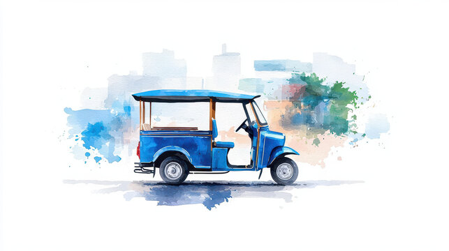 Vibrant blue auto rickshaw stands against soft watercolor background, evoking sense of adventure and urban life