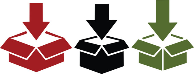 Vector Set of Three Minimalist Download or Insertion Icons Featuring Bold Downward Arrows Above Stylized Open Cardboard Boxes in Red, Black, and Olive Green on a White Background

