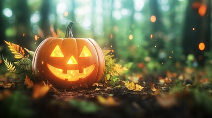 Halloween pumpkin with a carved face glowing in a spooky forest at night. Jack-o'-lantern light in a dark wood trick or treat scene. Samhain