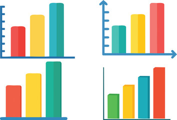 Vector Illustration of a Grid of Four Colorful Bar Graphs Featuring Red, Yellow, and Teal Bars in a Clean Two-by-Two Layout on a White Background for Data Presentation and Infographics

