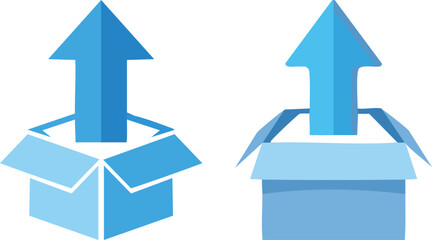 Vector Illustration of Two Blue Open Cardboard Boxes with Upward Arrows in Minimalist Style Representing Delivery, Shipping, or Progress on a White Background

