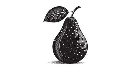 Engraved pear with leaf and dots in a distinctive silhouette style