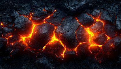 Molten fire streams through cracked dark rocks, radiating intense heat and light upward into shadowed areas