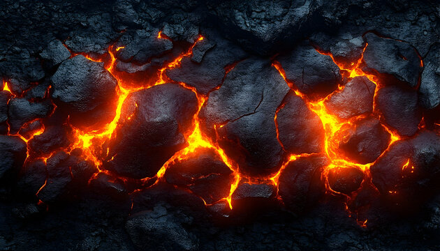 Molten fire streams through cracked dark rocks, radiating intense heat and light upward into shadowed areas