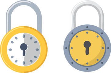 Vector Illustration of Two Stylized Cartoon Padlocks with Circular Shapes, Golden Yellow and Gray Color Scheme, and Bold Keyhole Details in a Flat Graphic Design Style

