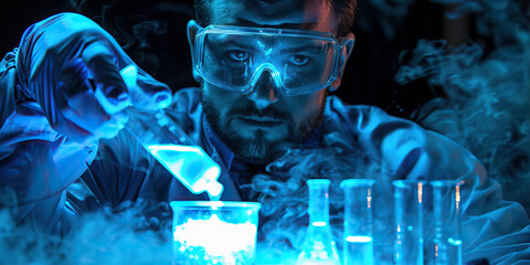 Scientist Pouring Glowing Blue Liquid into Beaker in Laboratory Setting