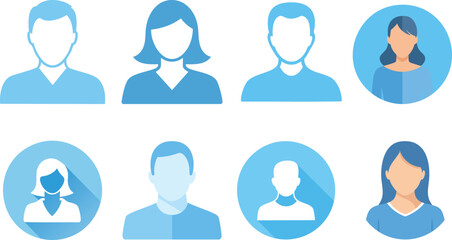 Vector Grid of Eight Minimalist Human Avatars in Light Blue Tones with Flat Design Style and Symmetrical Layout for Professional and Inclusive UI Illustrations

