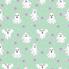 Fototapeta premium Cute Halloween Ghosts on Mint Spooky Seamless Pattern. Modern holiday print for textile, fabric, wallpaper, wrapping, gift wrap, paper, scrapbook and packaging. Vector illustration.