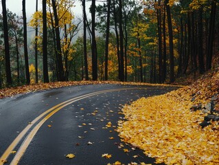 A winding road curves through a forest in autumn, with yellow leaves scattered on the wet asphalt and ground, surrounded by tall trees with fall foliage.