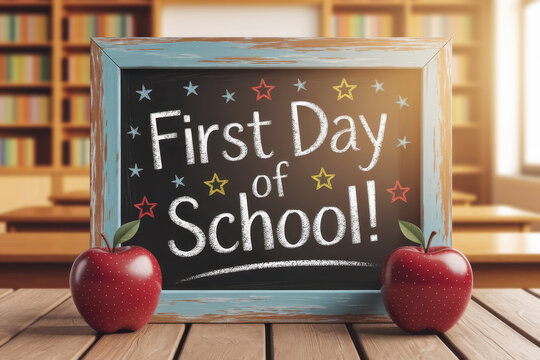 Chalkboard sign with apples celebrating first day of school in classroom setting