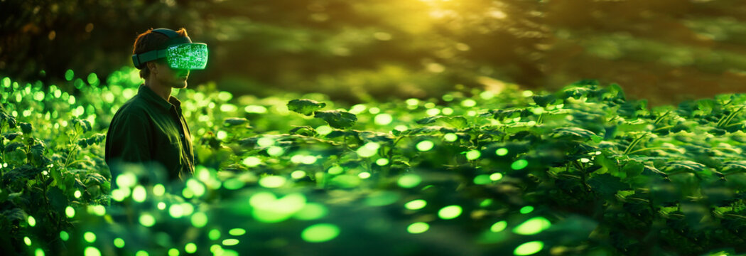 A man farmer or agricultural worker in a green field, wearing a VR headset or goggles, illustrating the future of virtual reality on the farm. Perfect for a banner with ample copy space