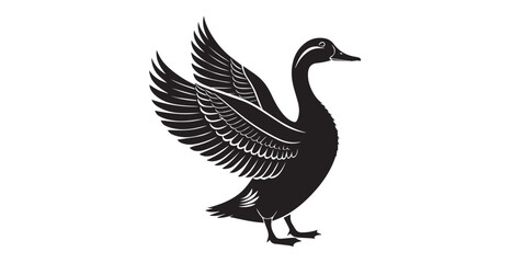 Elegant black duck with open wings in silhouette style