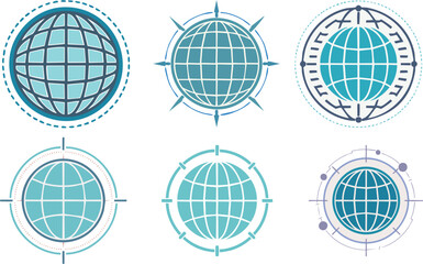 set of blue vector globes, Vector Set of Six Stylized Globe Icons in Shades of Blue with Grid Patterns and Circular Borders Representing Global Connectivity and Technology

