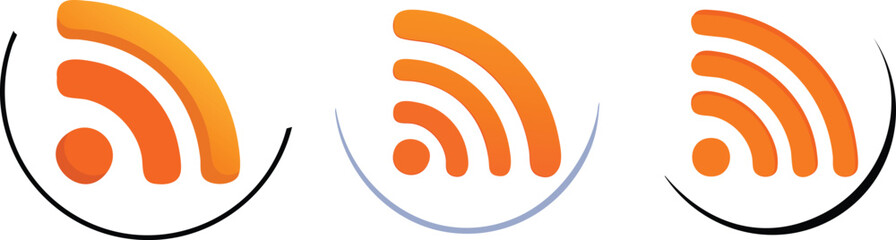 Vector Illustration of Three Identical RSS Feed Icons with Orange Signal Waves and Semi-Circular Bowls in Black and Blue on a Clean White Background

