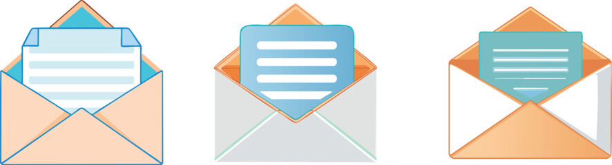 Vector Illustration of Three Stylized Email Icons Featuring Open Envelopes with Documents on a White Background in a Modern Flat Design Aesthetic

