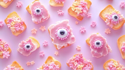 Eye toasts and pink star candies on pink background. Spooky Halloween food for holiday party appetizer. Fun and scary treat. Samhain