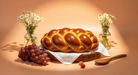 Deliciously Baked Challah Bread Surrounded by Fresh Flowers and Grapes on a Warm Background
