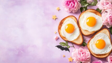 Halloween fried egg toasts with decorative stars and flowers on a purple background top view breakfast. Copy space menu. Samhain