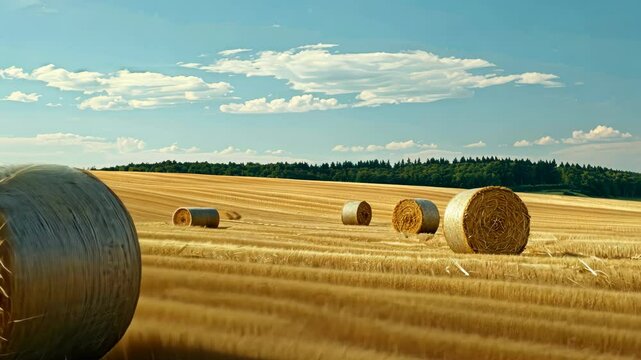 Rows of golden straw bales spread across a vast field, bathed in sunlight with a clear blue sky and green trees beyond