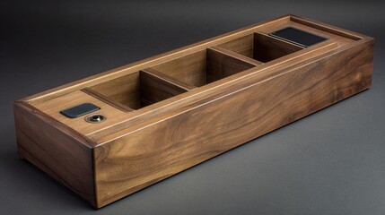 Wood organizer holds accessories indoors, casting soft shadows, for desktop use at home