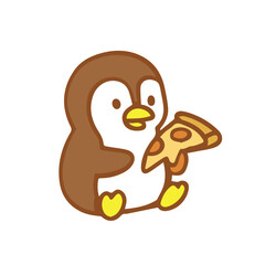 Cute cartoon penguin enjoying a slice of pizza