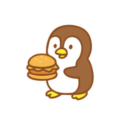 Cute cartoon penguin holding a burger