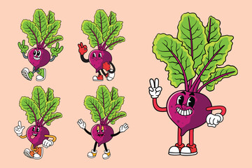 Set of funny beetroot vegetable 70s retro comic cartoon characters