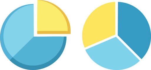 Vector Illustration of Two Side-by-Side Pie Charts with Yellow and Blue Segments on a White Background in a Clean, Modern, and Minimalist Data Visualization Style


