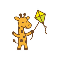 Giraffe flying a kite in a playful cartoon style