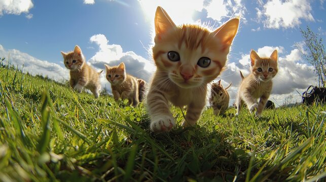 Playful kittens frolic in a grassy field.