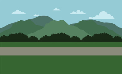 Colorful cartoon landscape of green meadows, distant mountains, and a warm sunrise over a peaceful summer valley.