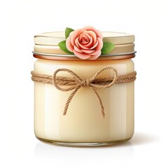 Creamy candle in jar with rose decoration isolated on white background