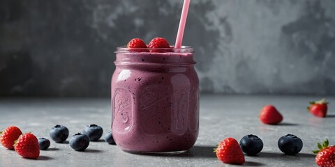 Thick mixed berry protein smoothie in a clear reusable sports bottle with a straw lid on a grey background.