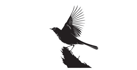 Blue bird landing on a branch with leaves silhouette