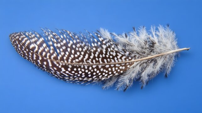Stunning Guineafowl Feather on Blue Background Macro Photography