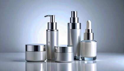 An anti-aging beauty device (face lift tool) placed beside a senior skincare product set, with a clean futuristic aesthetic and muted silver background