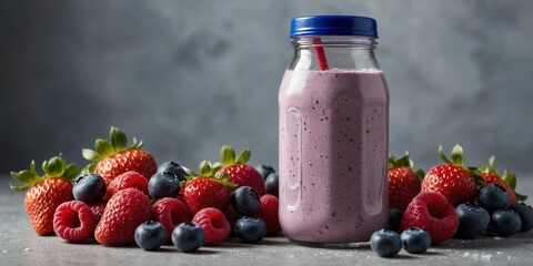 Thick mixed berry protein smoothie in a clear reusable sports bottle with a straw lid on a grey background.
