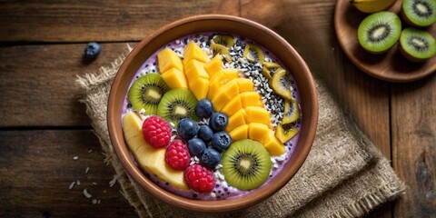 Vibrant tropical smoothie bowl with mango, pineapple, kiwi, banana, blueberries, coconut, and chia seeds in a ceramic dish on wood.