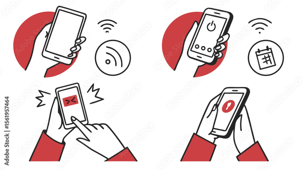 Poster illustration of smartphone usage with notifications and features in a modern design.