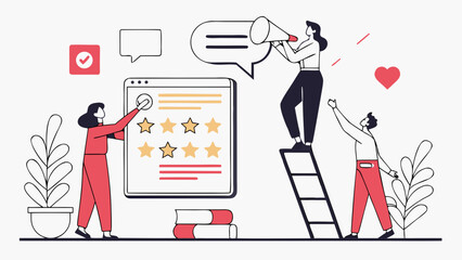 A diverse group of characters actively engaging in customer feedback, showcasing teamwork and enthusiasm.