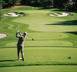 Fototapeta premium Man Playing Golf on Scenic Course – Outdoor Sport and Leisure Lifestyle Concept