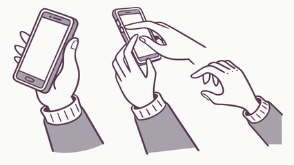 Illustration of two hands interacting with smartphones, showcasing different gestures and applications.