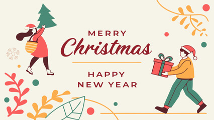 Two festive characters celebrate Christmas with a tree and a gift, embodying joyful holiday spirit.